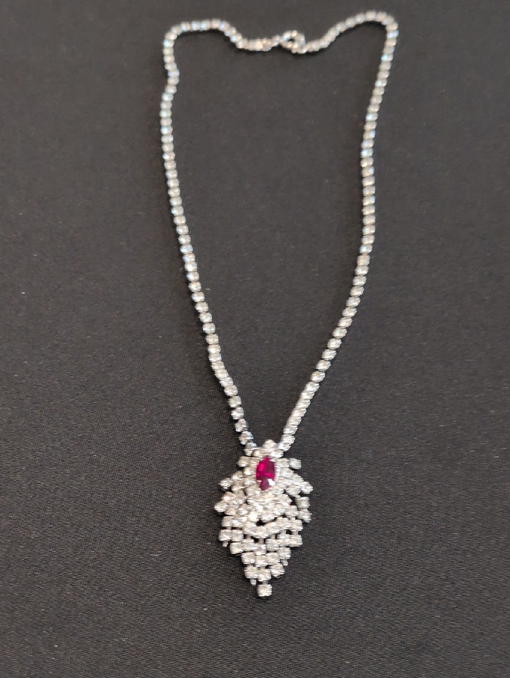 Silver-Tone Crystal Necklace with Pink Ruby Accent 9.5"